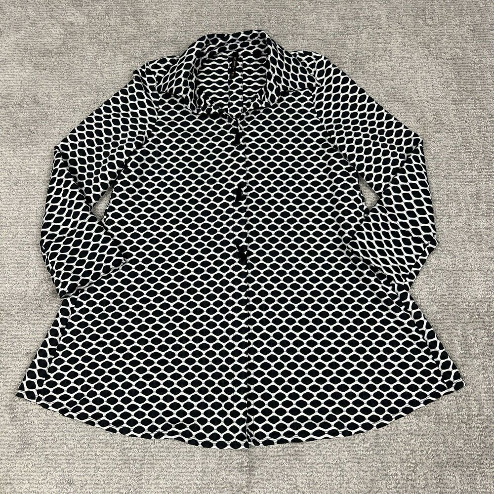 IC By Connie K Tunic Top Womens Medium Black White Button Blouse Split Back